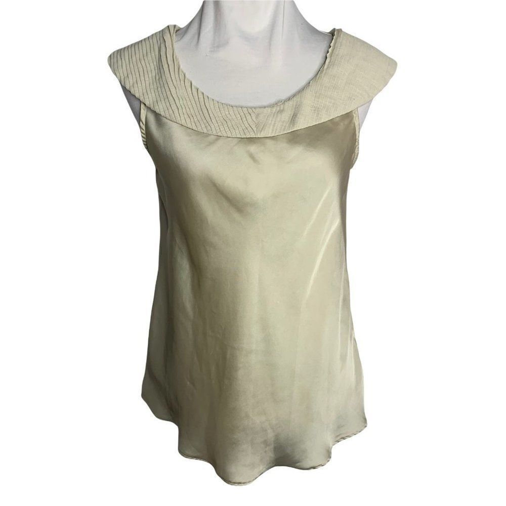 Vintage Lapis Sleeveless Blouse M Beige Pleated Collar Round Neck Rolled Hem